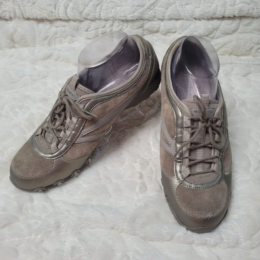 Skechers Lace Up Comfort Sneakers 22018 Leather Low Top Rhinestones Taupe 10 - Picture 2 of 12